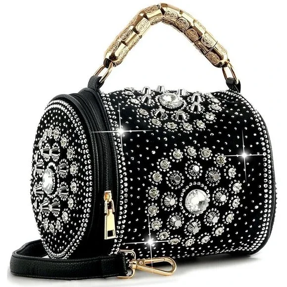 Small Women Black Dazzling Rhinestone Silver Studded Studded Petite Han… - Picture 1 of 2